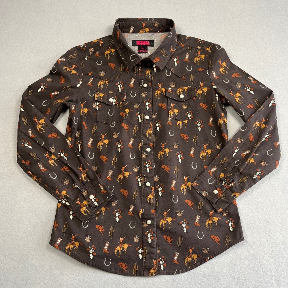 Rock & Roll Denim Kids Brown Western Pearl Snap Rodeo Cowboy Print Shirt Large
